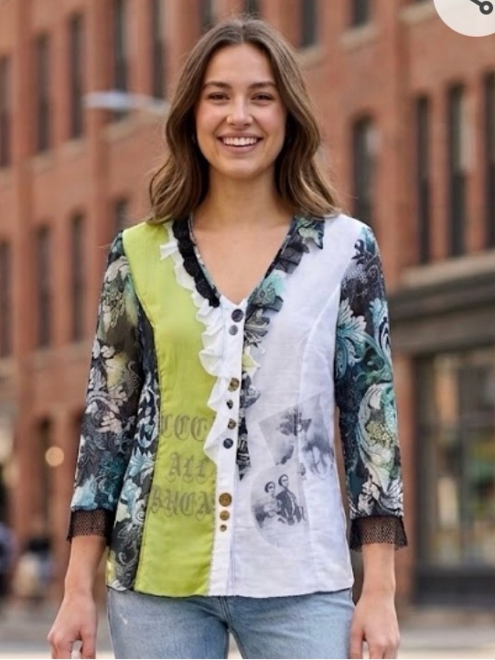 Elisa Cavaletti Mixed Media Sheer Paisley & Ruffle Top - Rare Art Piece